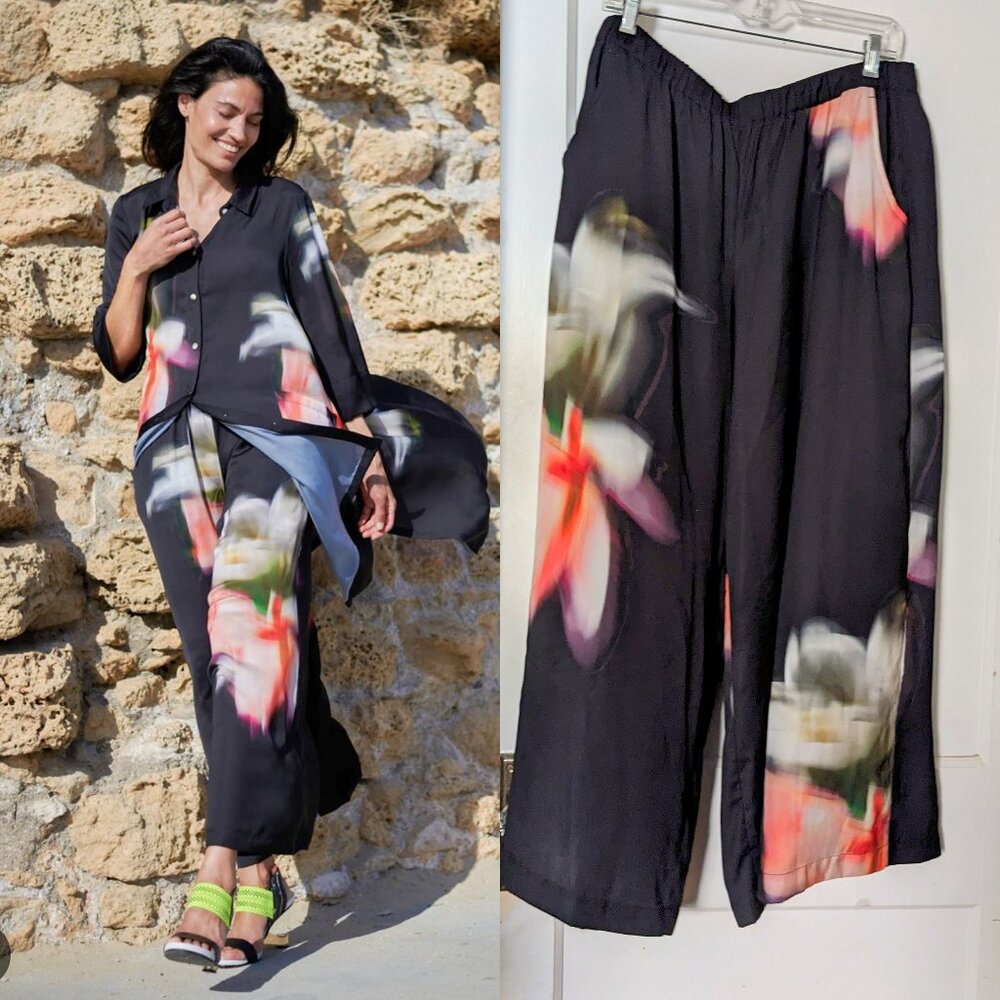 Alembika Boutique Black Floral Aquarelle Printed Wide Leg Pants Size 5 US XL